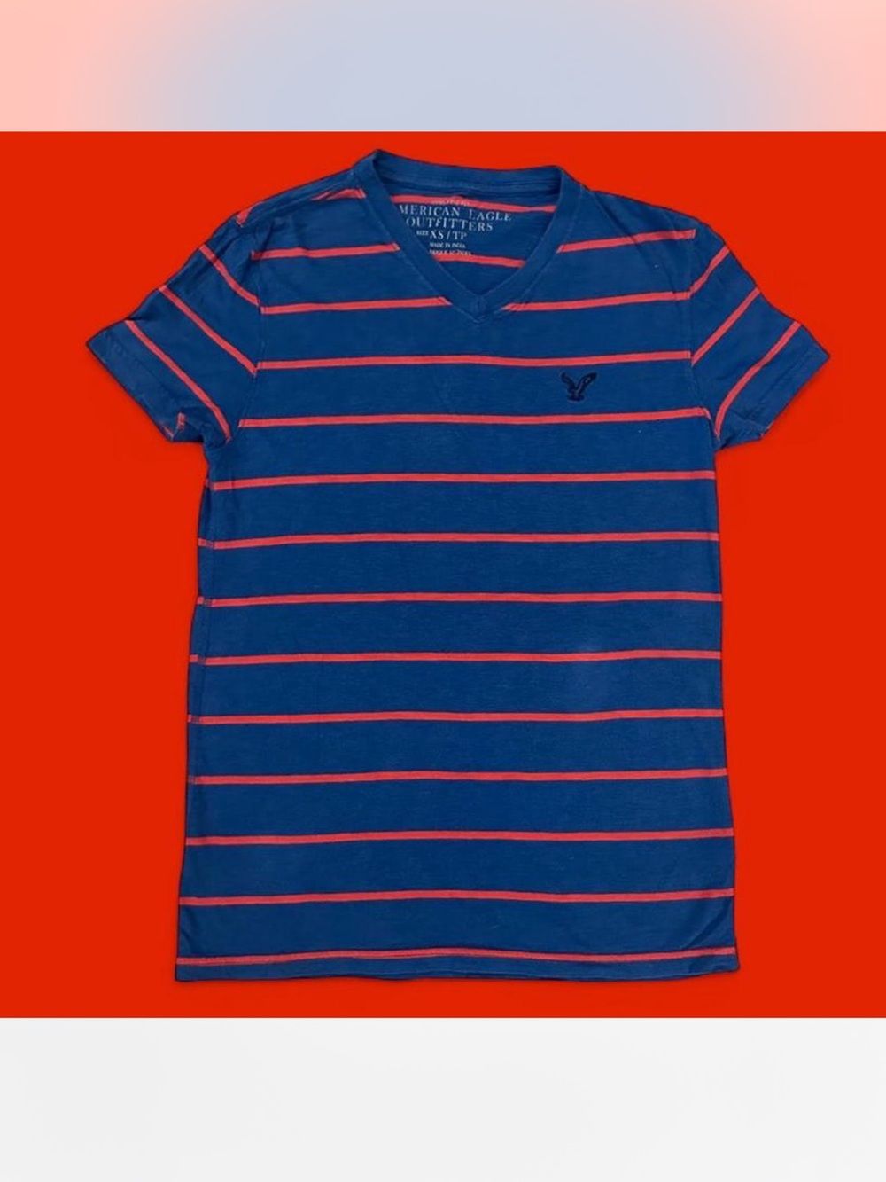 American Eagle Outfitters Blue Tee with Red Stripes V-Neck